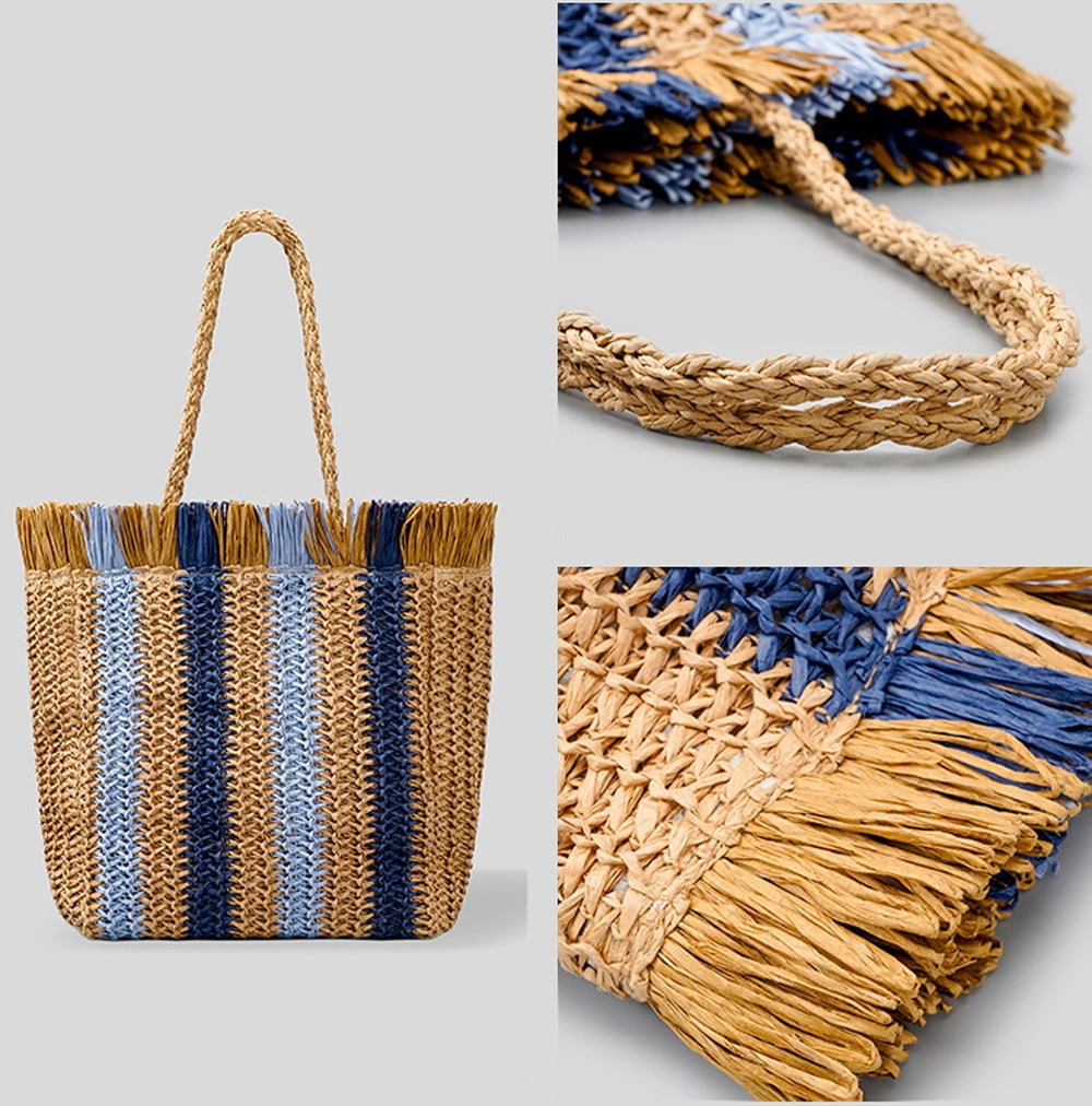 Large Strip Raffia Straw Woven Tote Bag