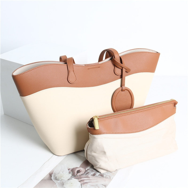 Leather Bucket Shopper Tote Bag with Zipper Pouch for Women