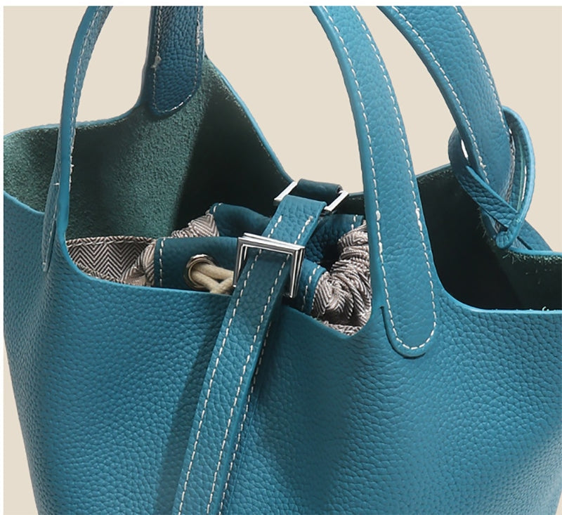 Leather Bucket Top Handle Bag Blue