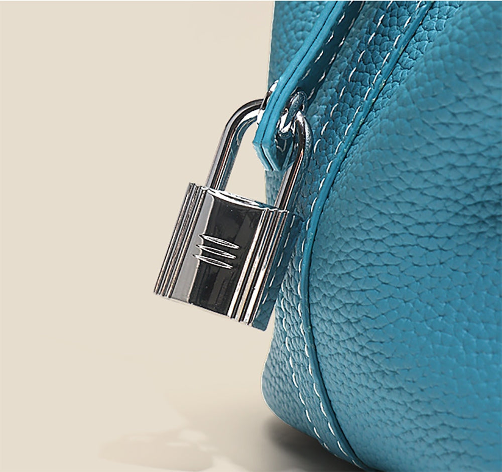 Leather Bucket Top Handle Bag Blue