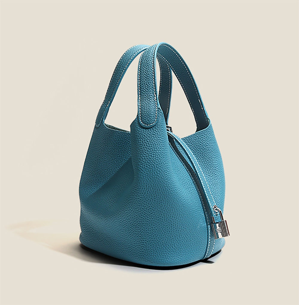 Leather Bucket Top Handle Bag Blue