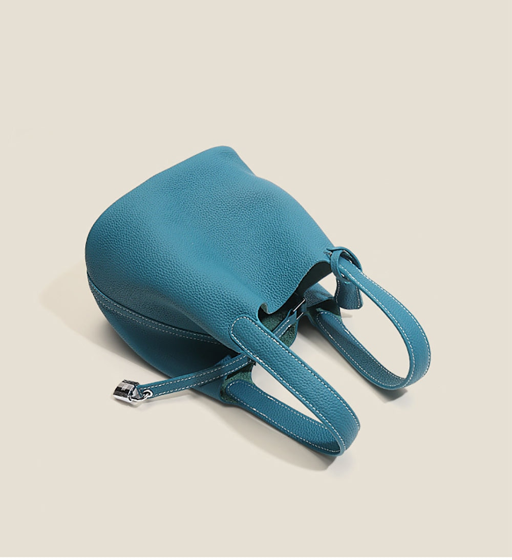 Leather Bucket Top Handle Bag Blue