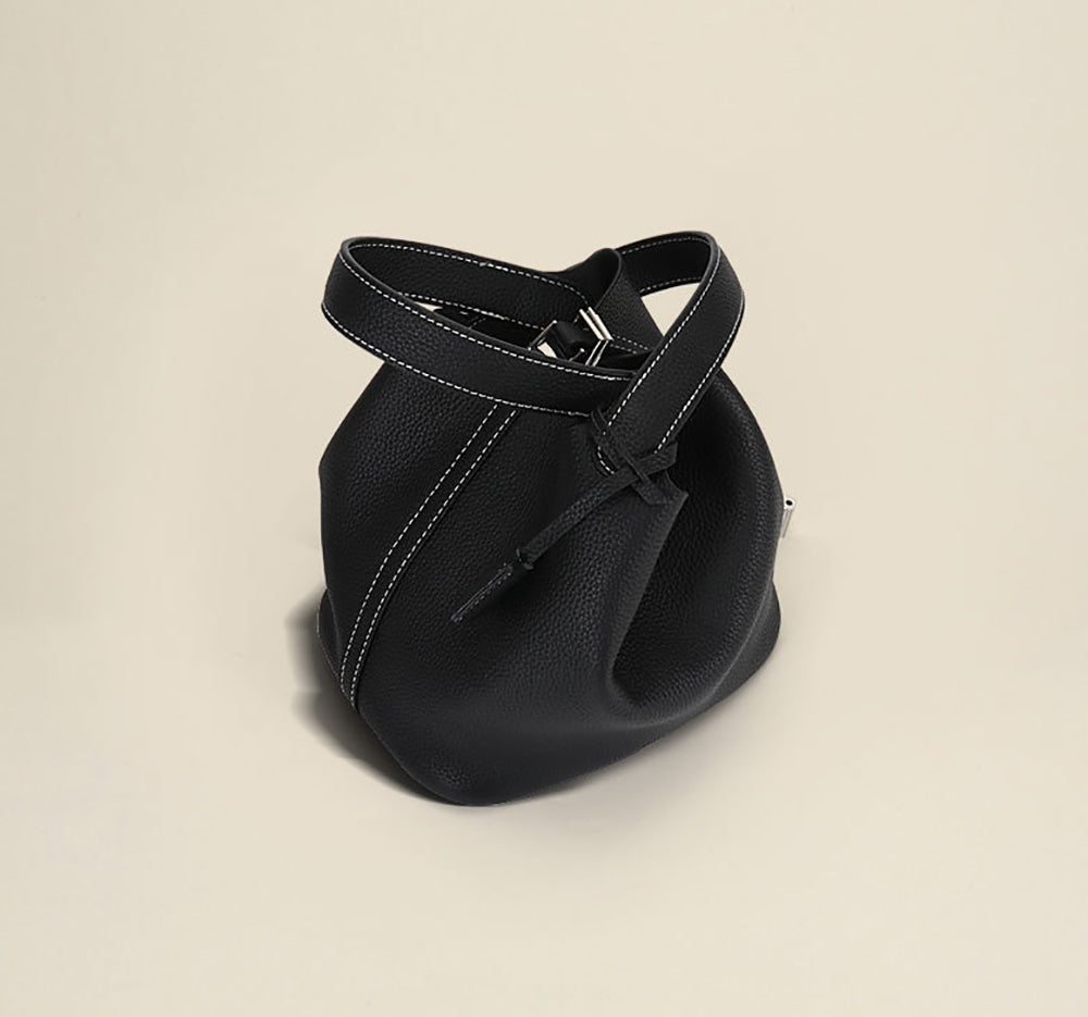 Leather Bucket Top Handle Bag Karki And Black