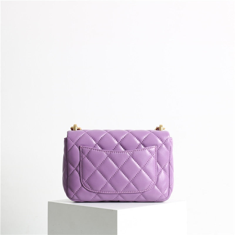 Leather Chunky Chain Flap Bag Quilted Lameskin Mini