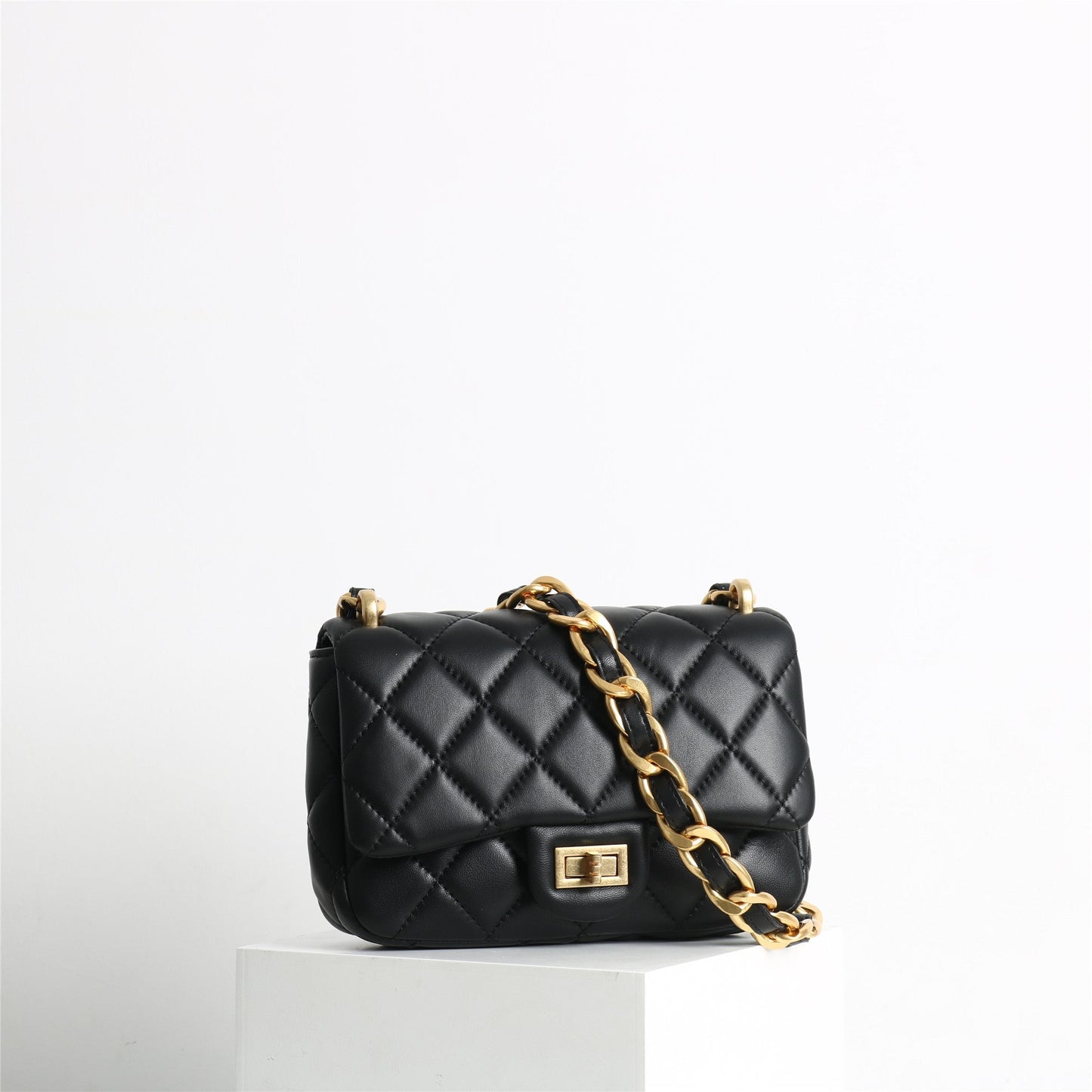 Leather Chunky Chain Flap Bag Quilted Lameskin Mini