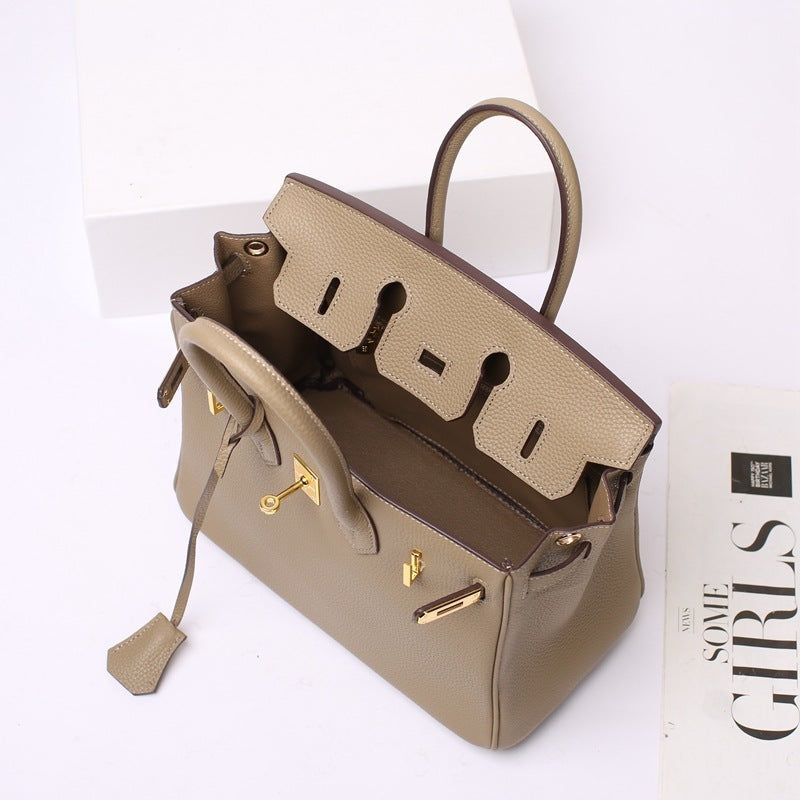 Leather Padlock Tote Handbag Gold Hardware