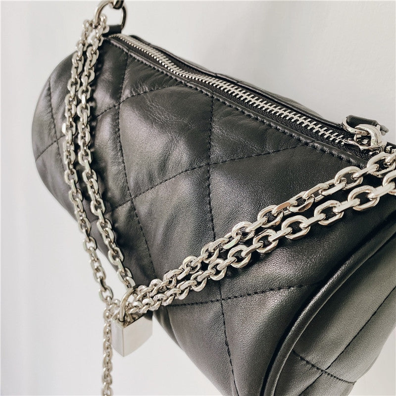 Leather Quilted Round Saddle Boston Chain bag Black
