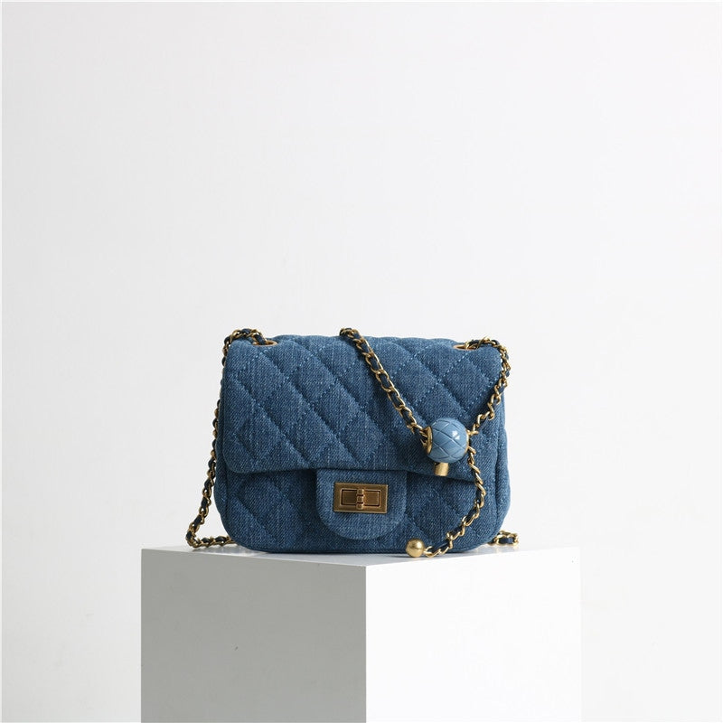 Mini Flap Denim Quilted Bag With Gold ball