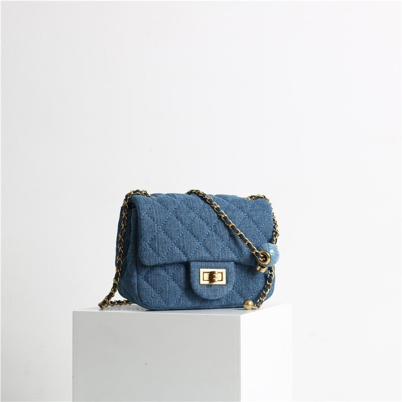 Mini Flap Denim Quilted Bag With Gold ball