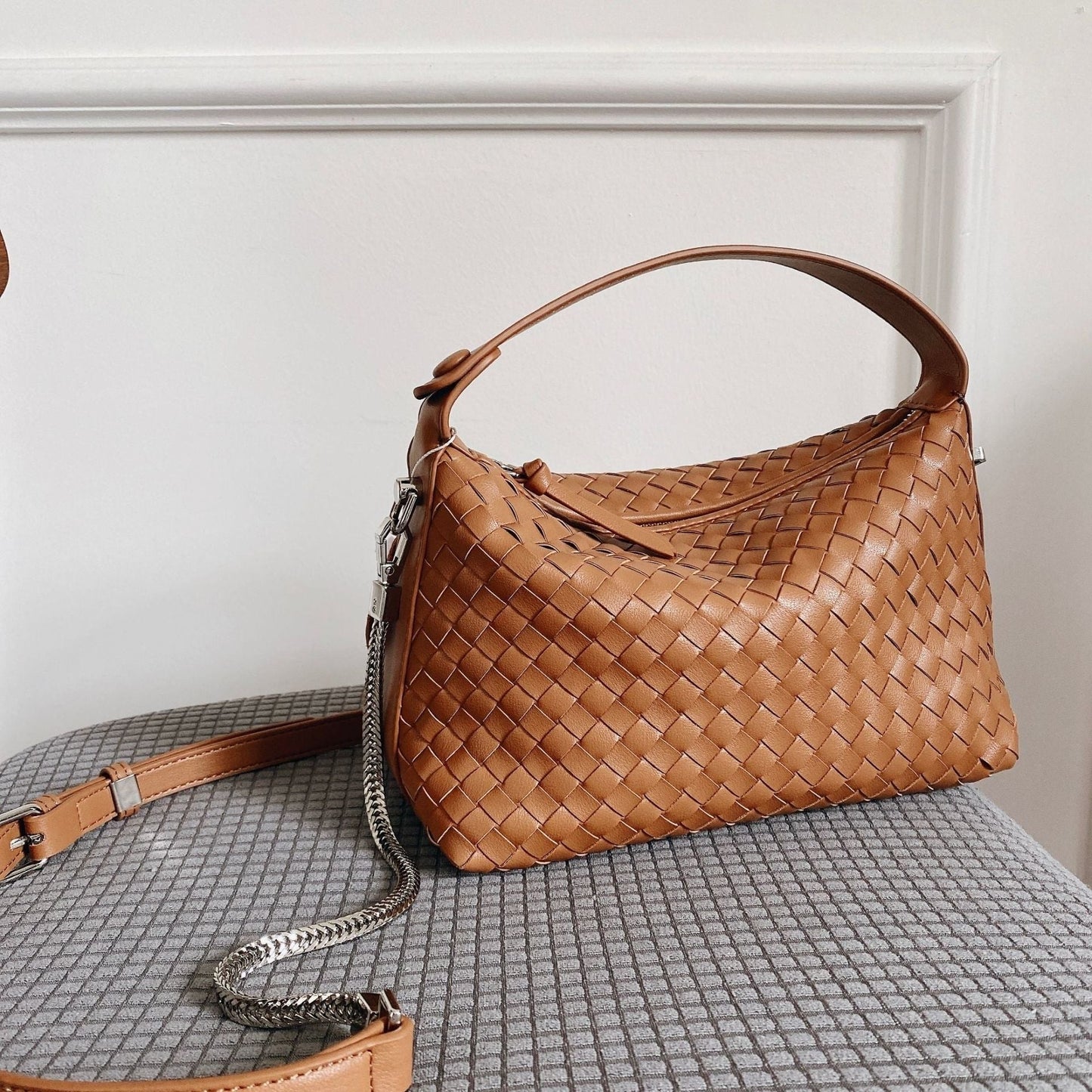 Mini Leather Woven Hobo Handle Bag