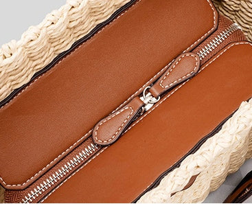 PU Leather Trimmed Raffia Straw Top Handle Tote Bag