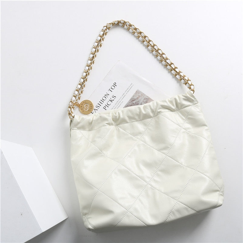 Quilted Calfskin Leather Shopper Hobo Bag White