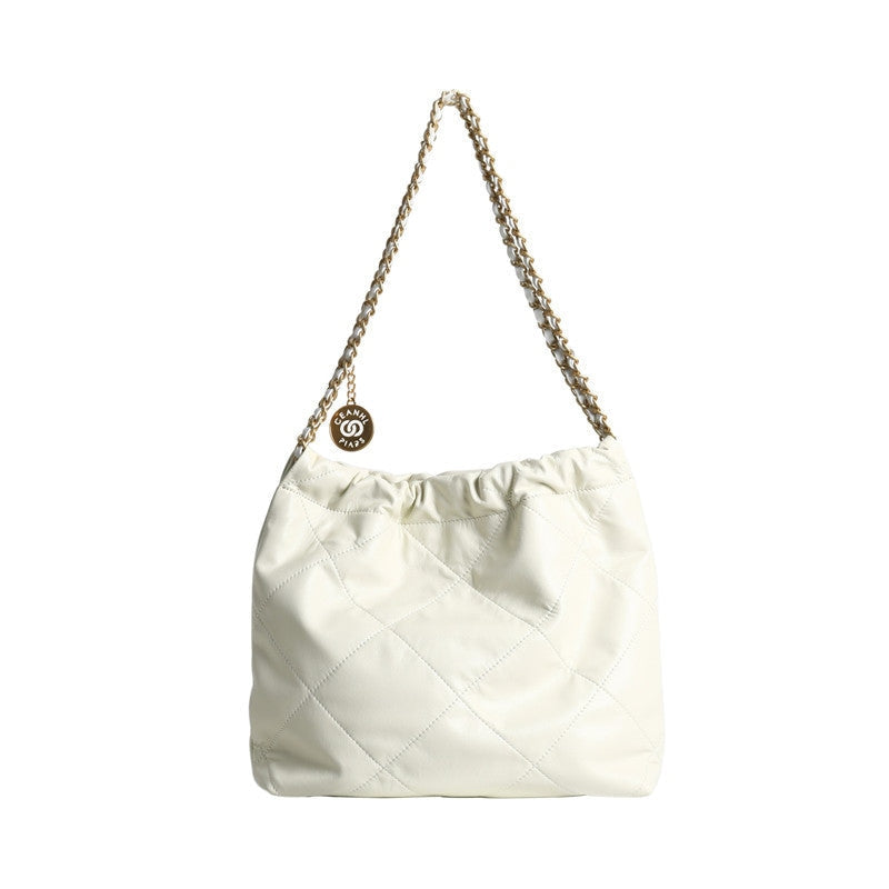 Quilted Calfskin Leather Shopper Hobo Bag White
