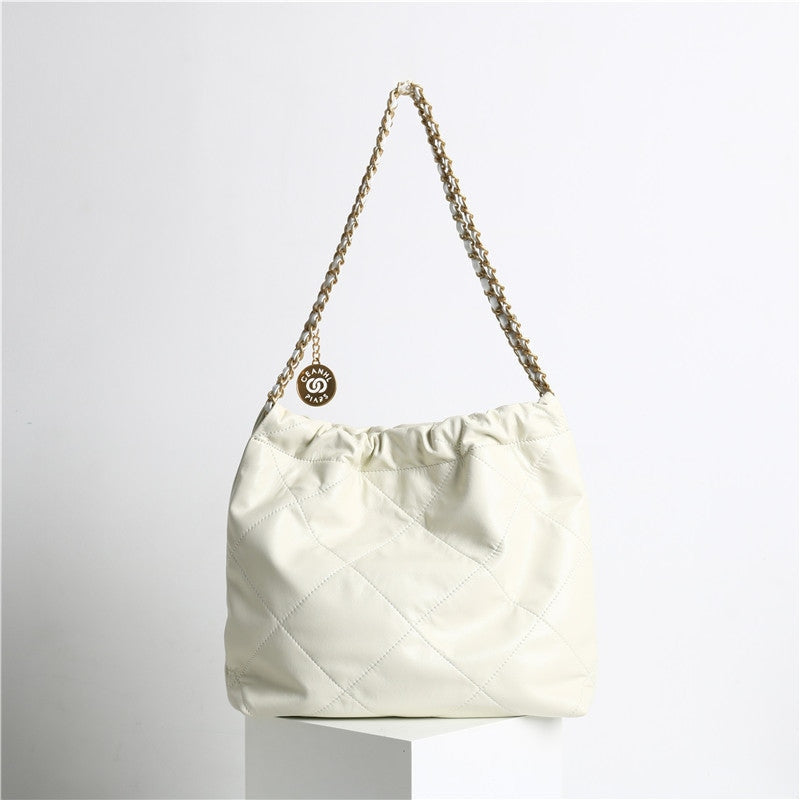 Quilted Calfskin Leather Shopper Hobo Bag White