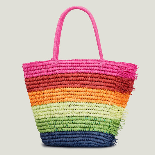 Rainbow Striped Multi-Coloured Raffia Tote Bag