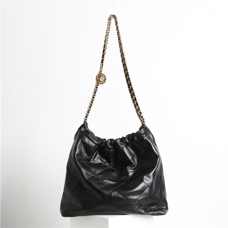 Shiny Quilted Calfskin Leather Shopper Hobo Bag Black