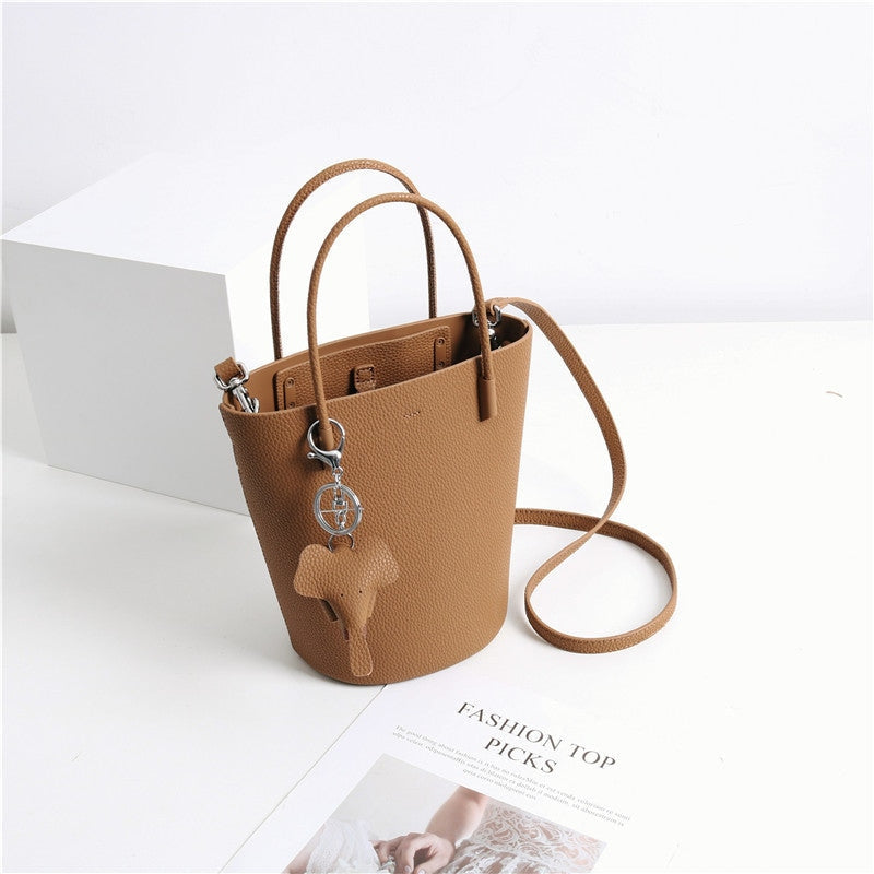Small Bucket Bag In Grainy Calfskin Leather With Elephant Hanger