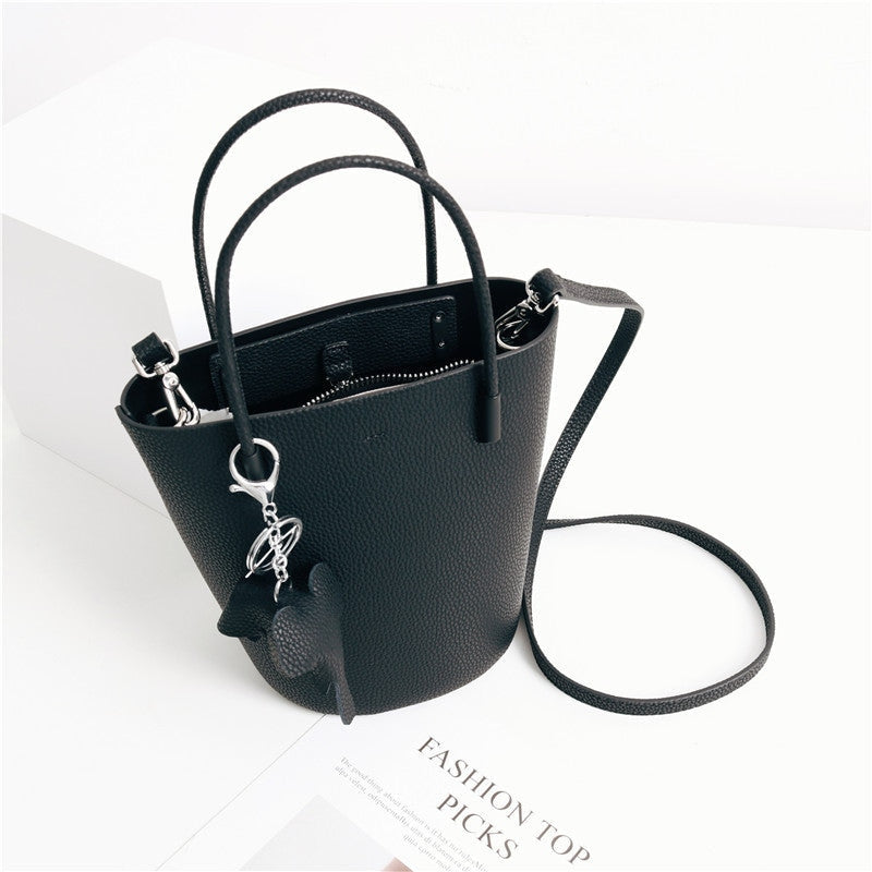 Small Bucket Bag In Grainy Calfskin Leather With Elephant Hanger