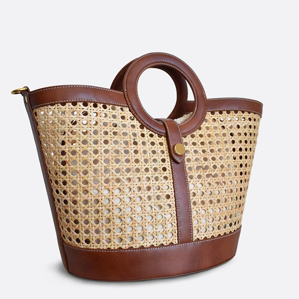 Straw Bags For Women Top-Handle Bag With Round Ring Handle Summer Beach Rattan Tote Handbag