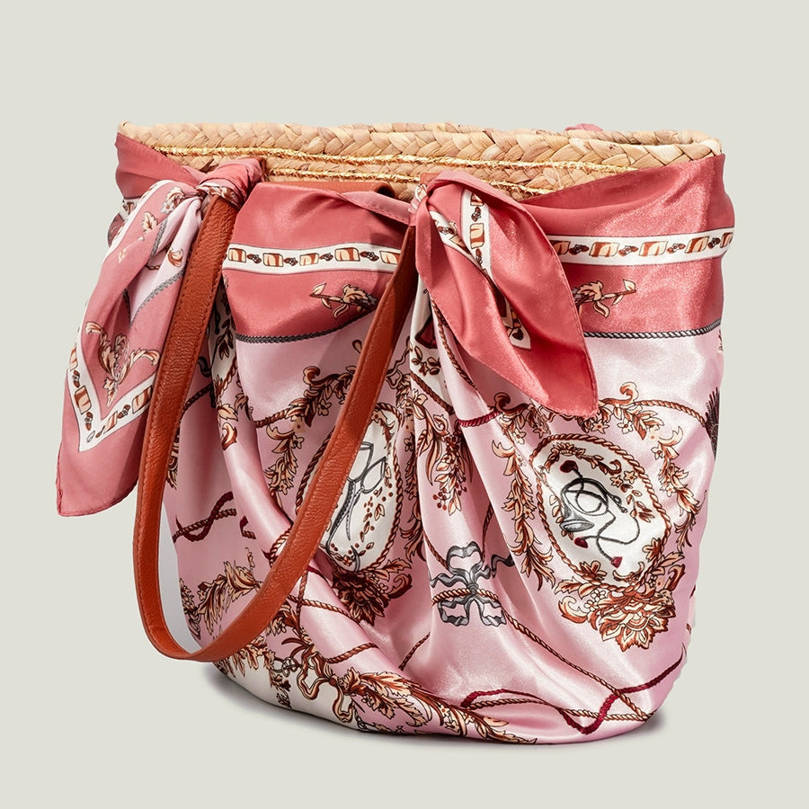 Vintage Satin Raffia Slouchy Bag Straw Woven Large Capacity Tote Basket