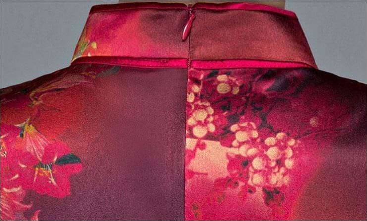 Wine Red Textured Floral Silk Cheongsam