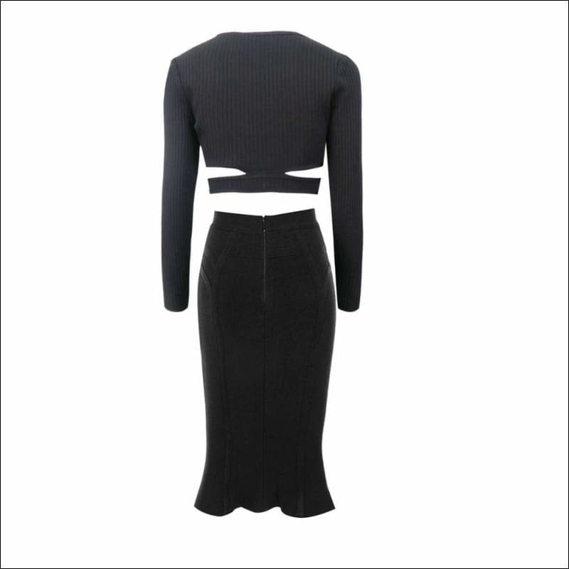 Winnal 2 Piece Set Sexy Long Sleeve Cut Out Club Black Bodycon Bandage Dress