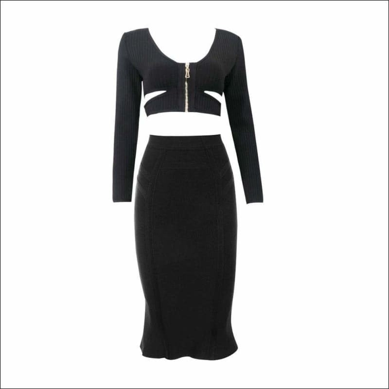 Winnal 2 Piece Set Sexy Long Sleeve Cut Out Club Black Bodycon Bandage Dress