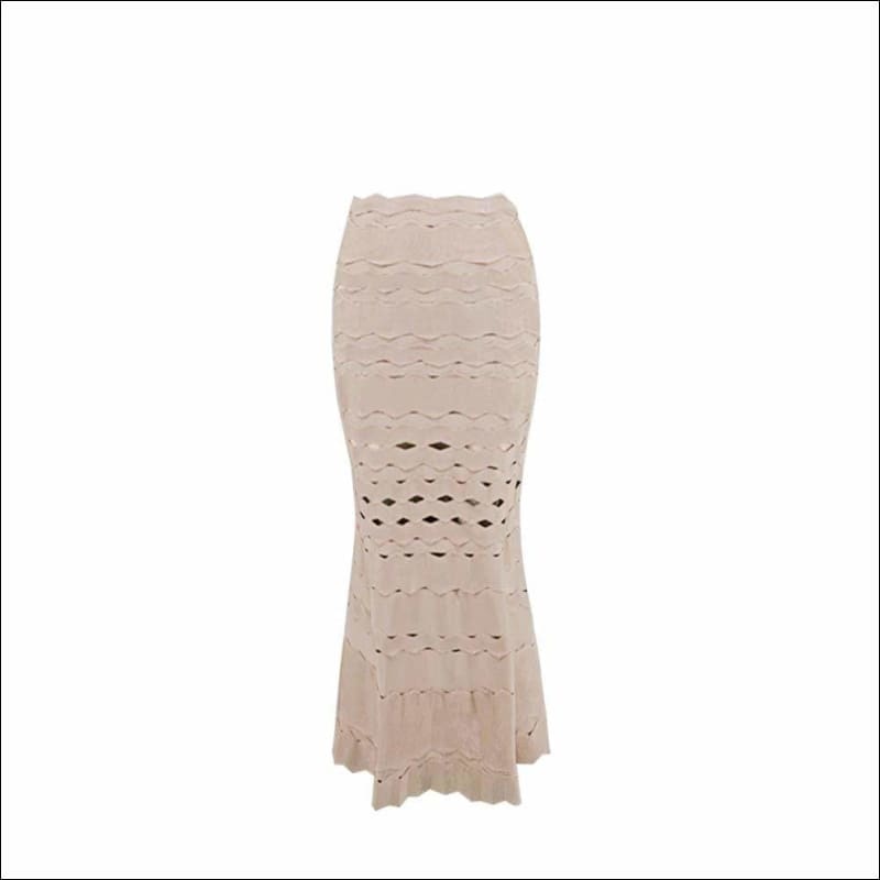 Winnal Bandage Color-Block Ruched Wave Hollow Cut Out Flared Pencil Skirt