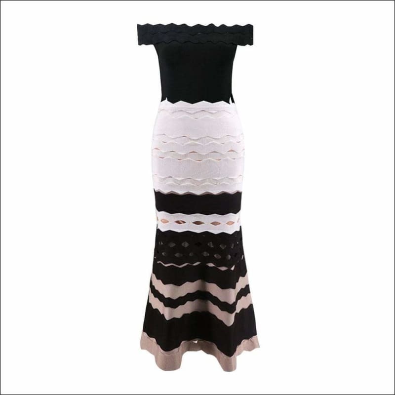 Winnal Bandage Color-Block Ruched Wave Hollow Cut Out Flared Pencil Skirt