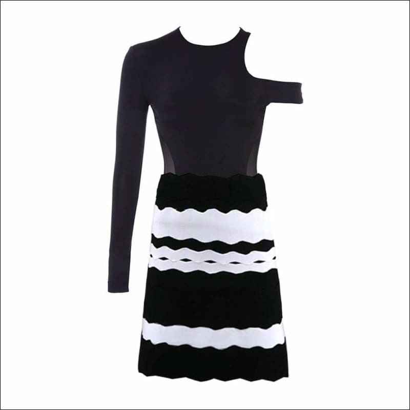 Winnal Bandage Ruched Color-Block Wave Hollow Cut Out Mini Straight Skirt