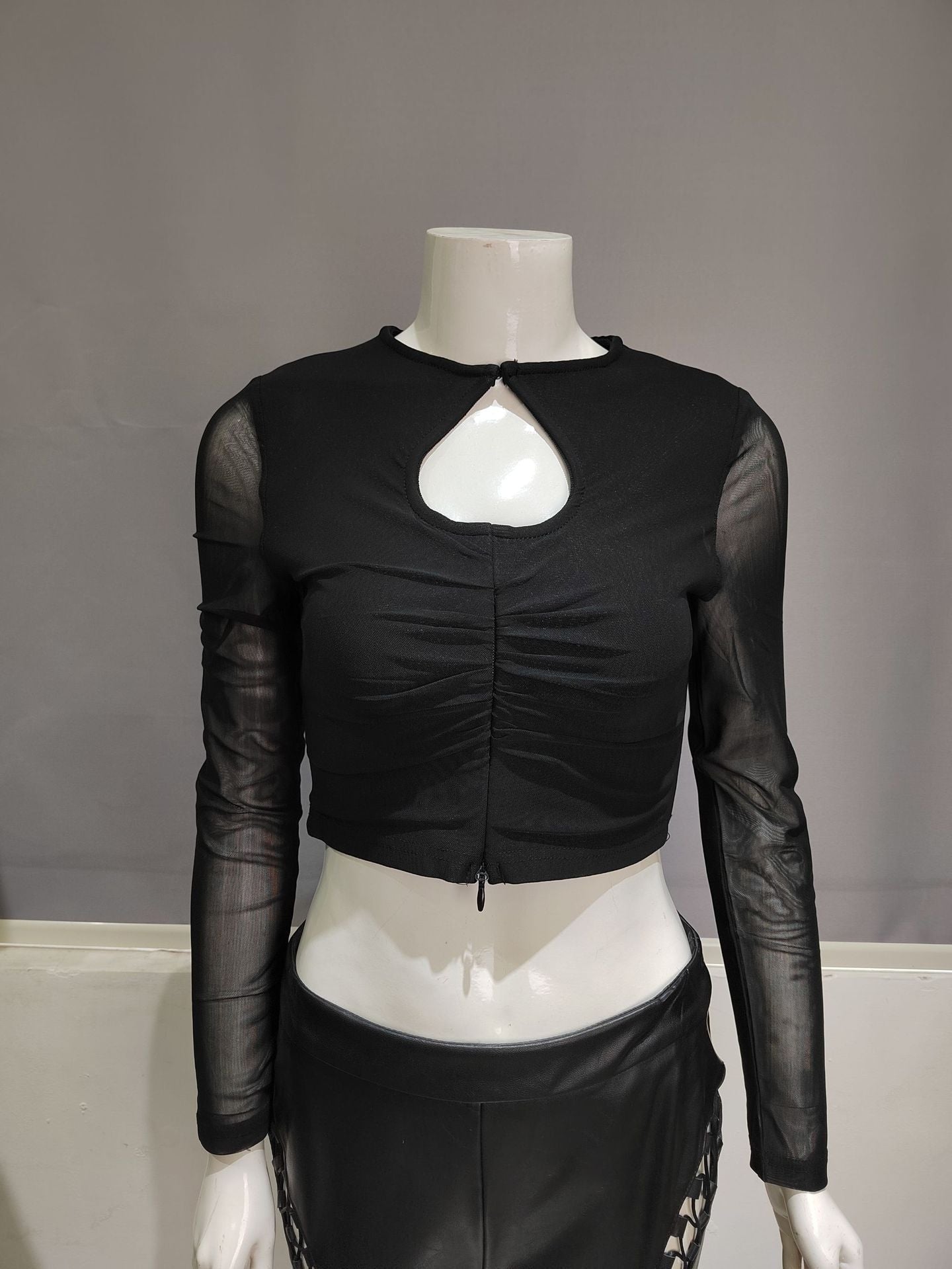 Winnal Black Long Mesh Sleeve Bandage Tops