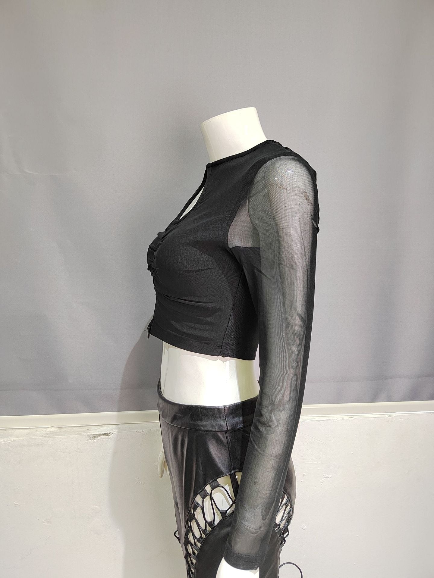 Winnal Black Long Mesh Sleeve Bandage Tops