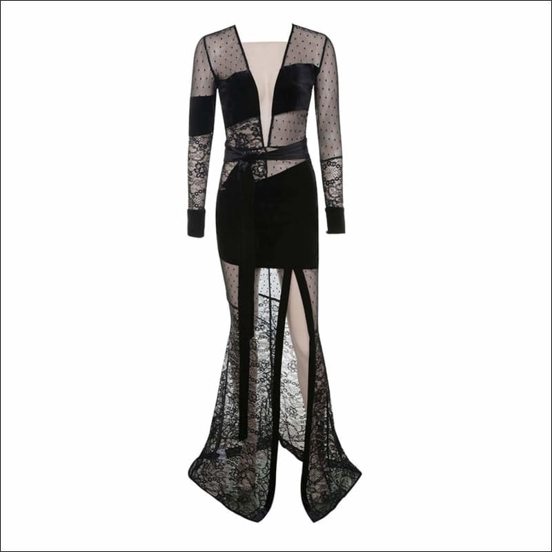 Winnal Black Long Sleeve Mesh Woven Floral Bandage Dress
