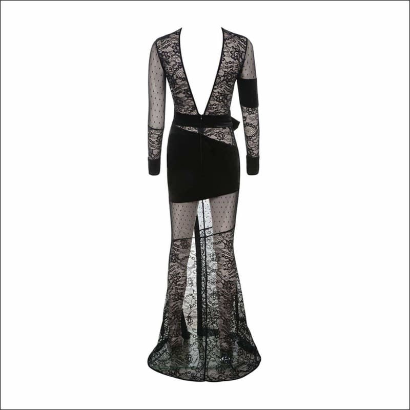 Winnal Black Long Sleeve Mesh Woven Floral Bandage Dress