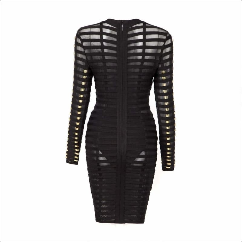Winnal Black Long Sleeve Transparent Bandage Bodycon Dress With Studs Detailing