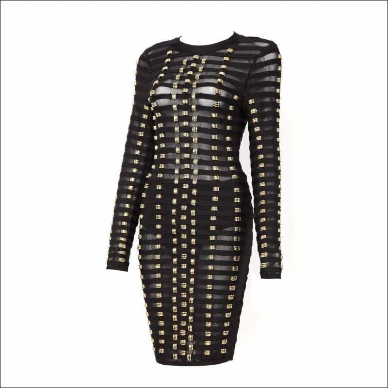 Winnal Black Long Sleeve Transparent Bandage Bodycon Dress With Studs Detailing