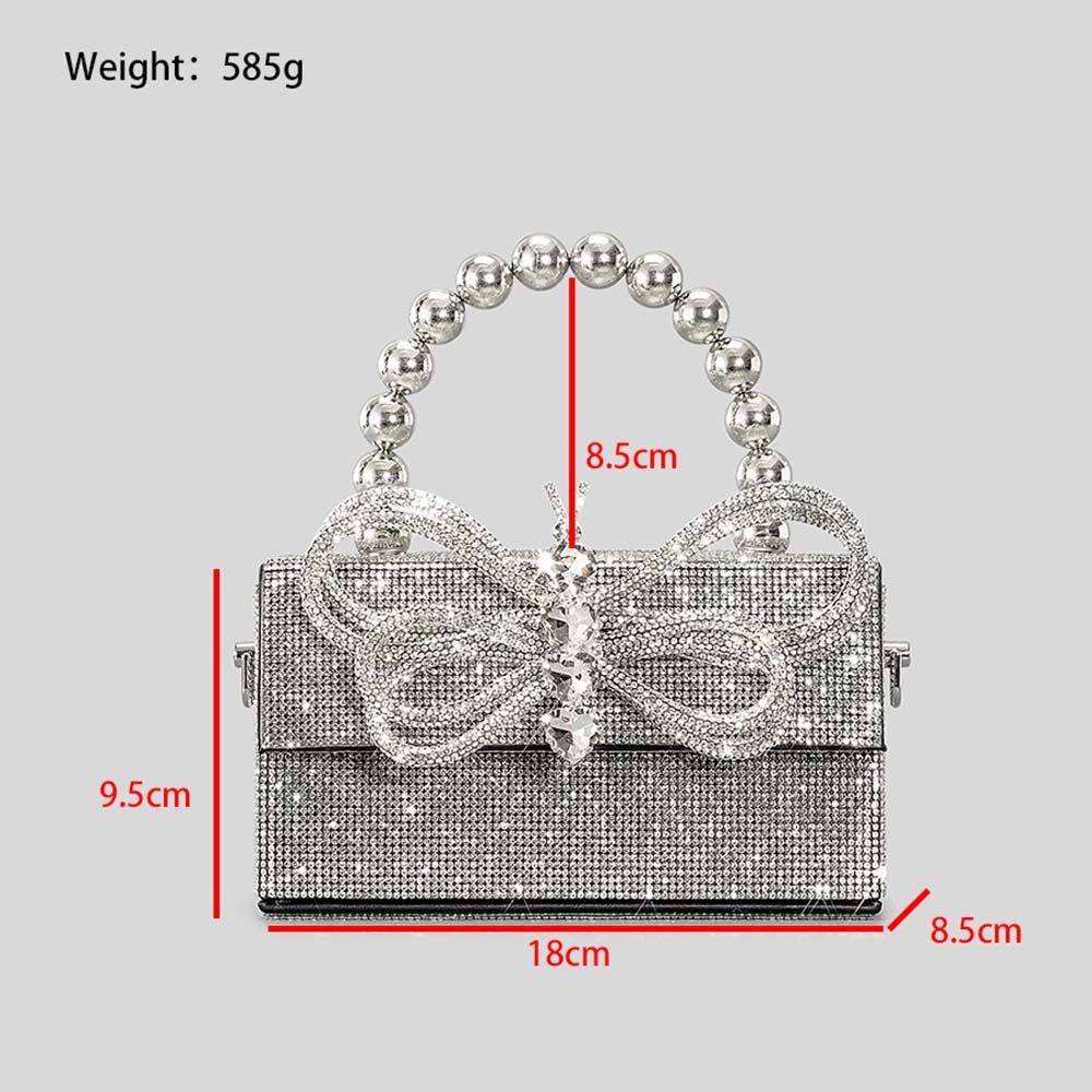 Winnal Crystal Bow Top Handle Bag Silver