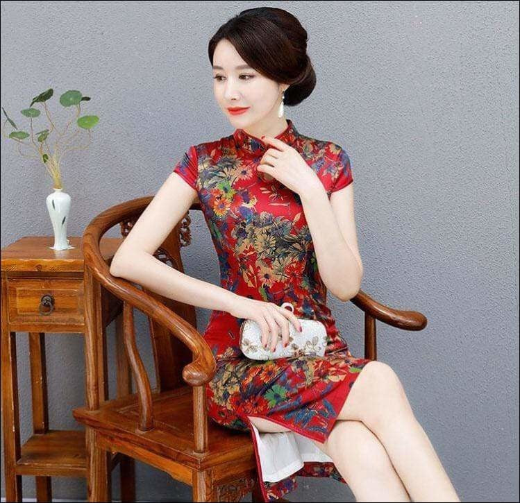 Winnal Knee Length Real Silk Cheongsam Floral Chinese Qipao Dress