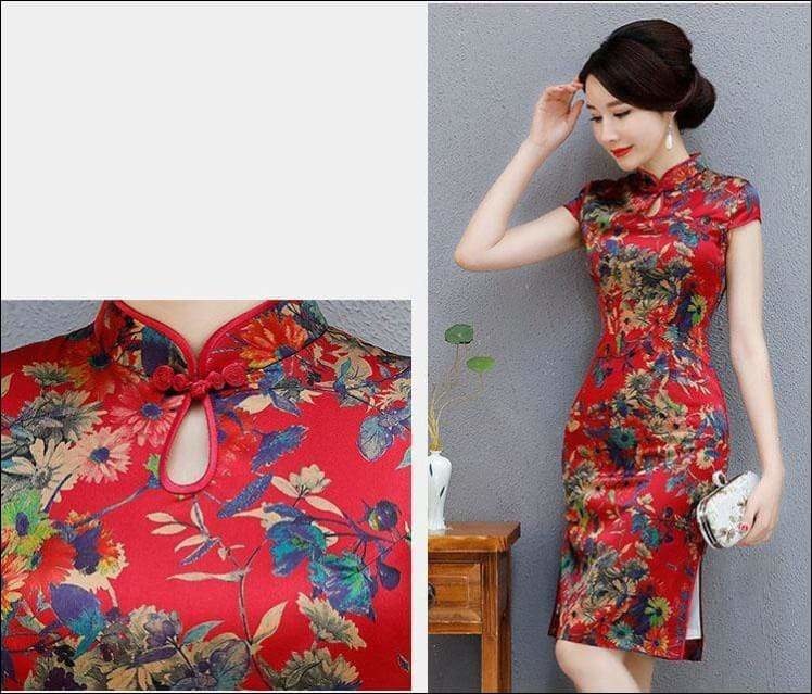 Winnal Knee Length Real Silk Cheongsam Floral Chinese Qipao Dress