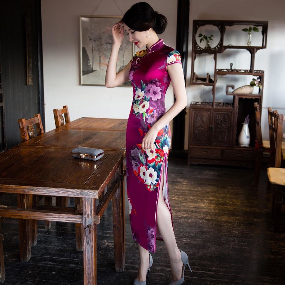 Winnal Long Cheongsam Dress Traditional Chinese Silk Qipao