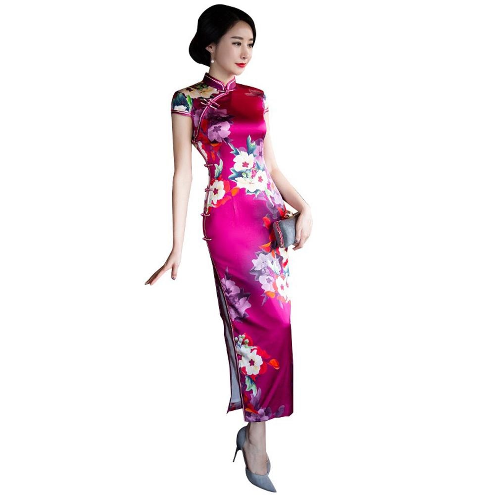 Winnal Long Cheongsam Dress Traditional Chinese Silk Qipao