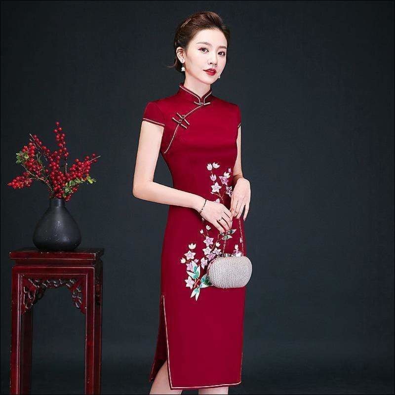 Winnal Plus Size 4XL Womens Retro Floral Embroidered Cheongsam Dress Vintage Slim Qipao