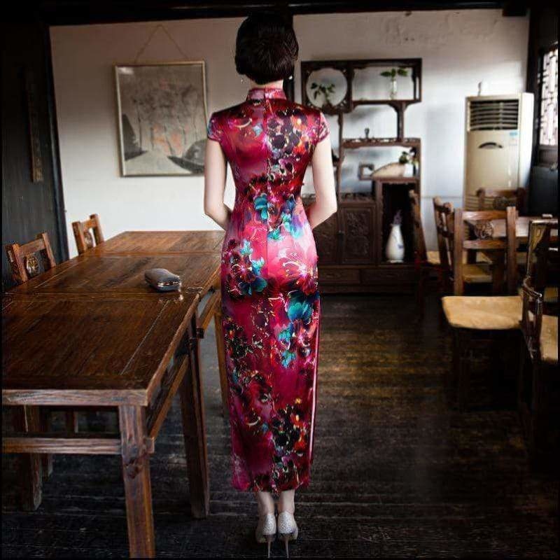 Winnal Real Silk Ankle-Length Cheongsam Midi Dress Bodycon Chinese Qipao
