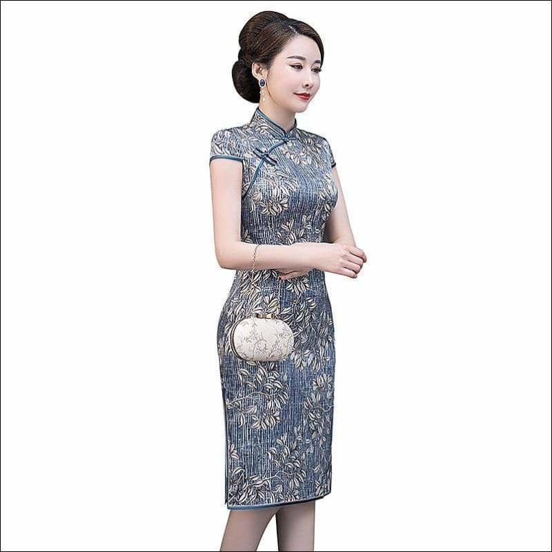 Winnal Real Silk Knee Length Cheongsam Floral Chinese Qipao Dress