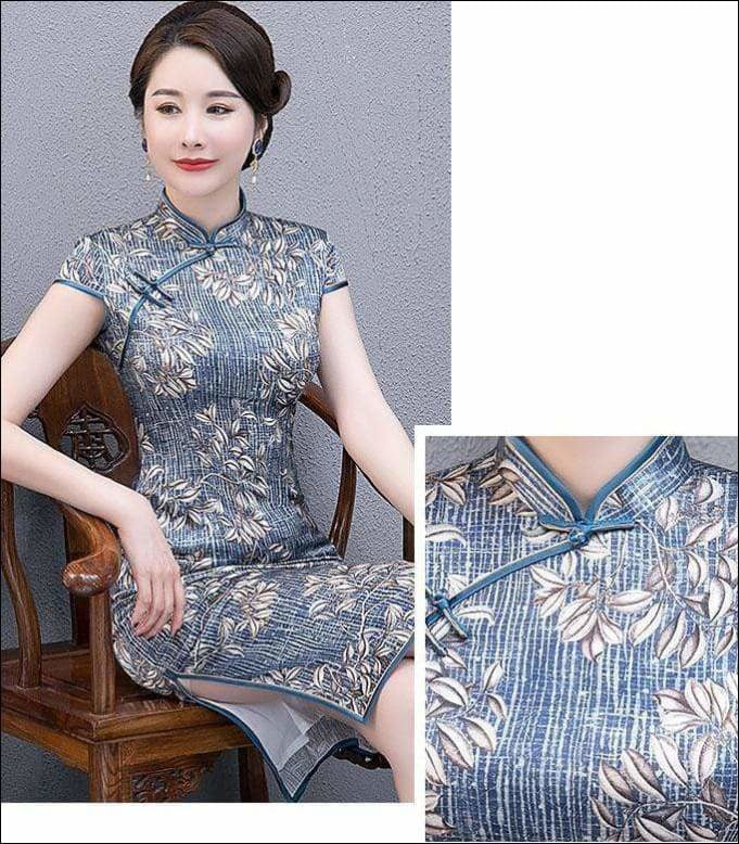 Winnal Real Silk Knee Length Cheongsam Floral Chinese Qipao Dress