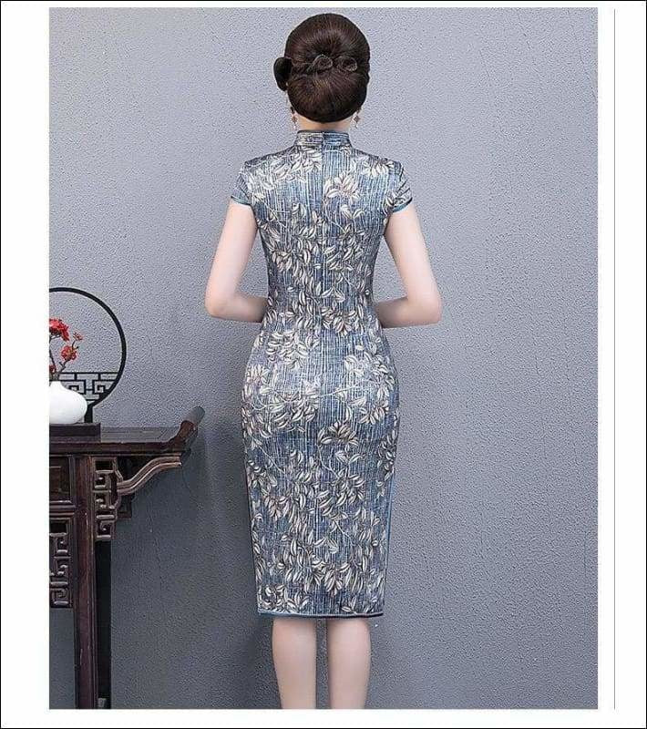 Winnal Real Silk Knee Length Cheongsam Floral Chinese Qipao Dress