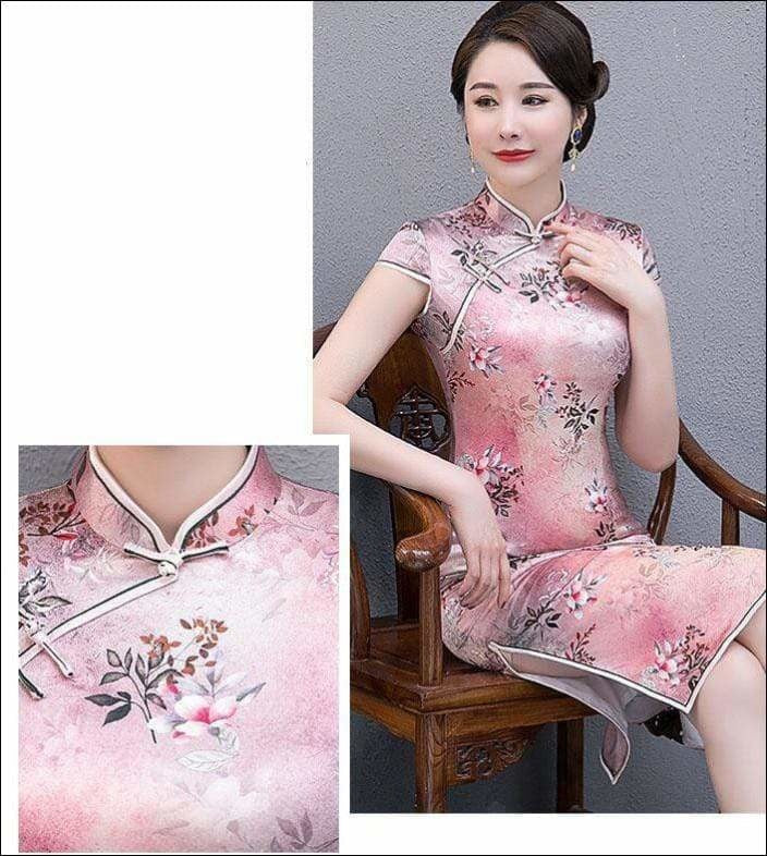 Winnal Real Silk Knee Length Cheongsam Floral Chinese Qipao Dress