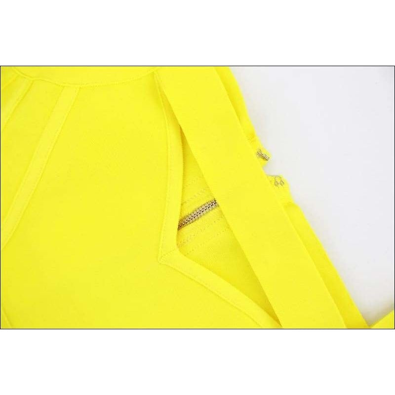 Winnal Round Neck Criss Cross Off Shoulder Short Sleeve Midi Cut Out Yellow Bandage Dress