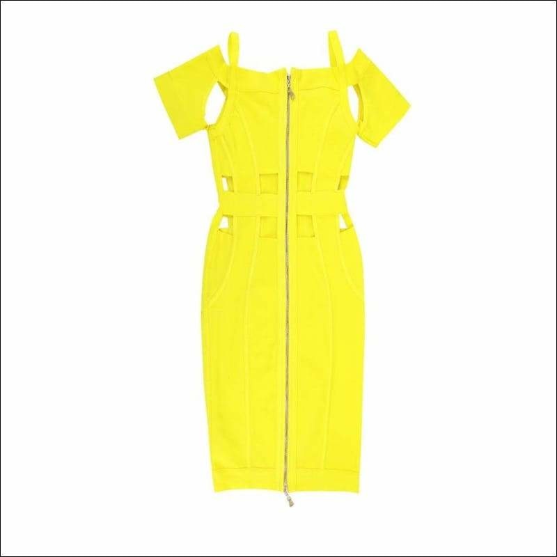 Winnal Round Neck Criss Cross Off Shoulder Short Sleeve Midi Cut Out Yellow Bandage Dress