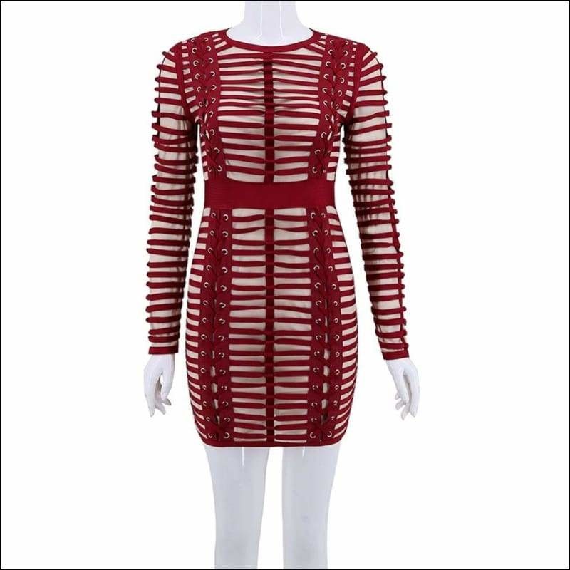 Winnal Sexy Bodycon Dress Night Party Club Long Sleeve Women Summer Red Woven Cage Mesh Bandage Rayon